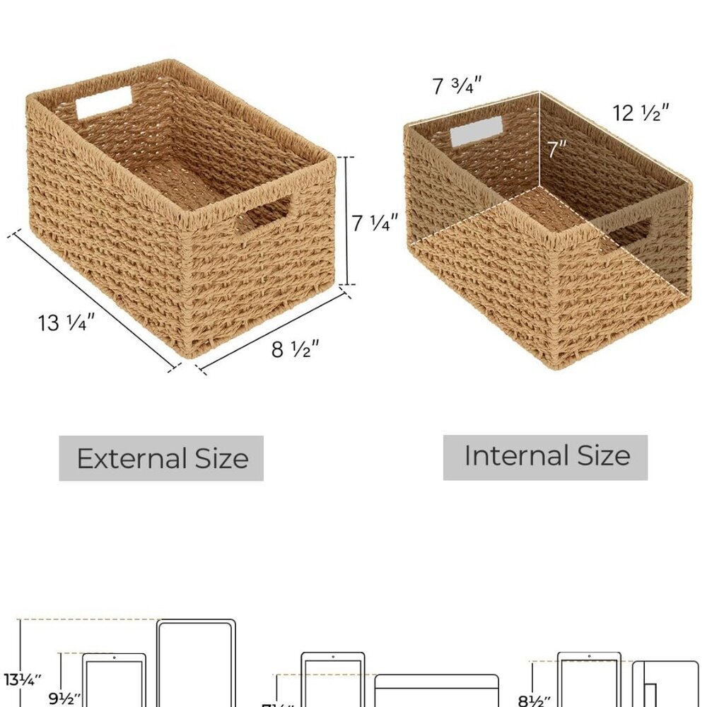 Round Paper Rope Storage Baskets, Rectangular Wicker Baskets with Built-in Handl - Picture 3 of 7